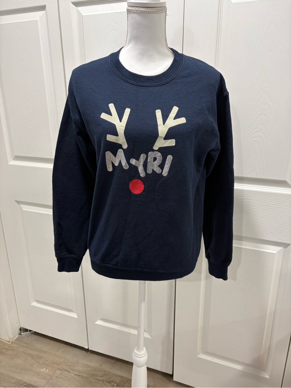 Gildan Navy Crewneck Sweatshirt with Reindeer Graphic and Red Accent